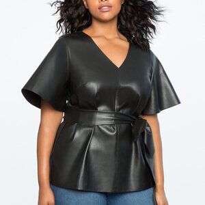 Eloquii Black Faux Leather Wrap Top Women 18 Short Sleeve Belted Y2K Chic